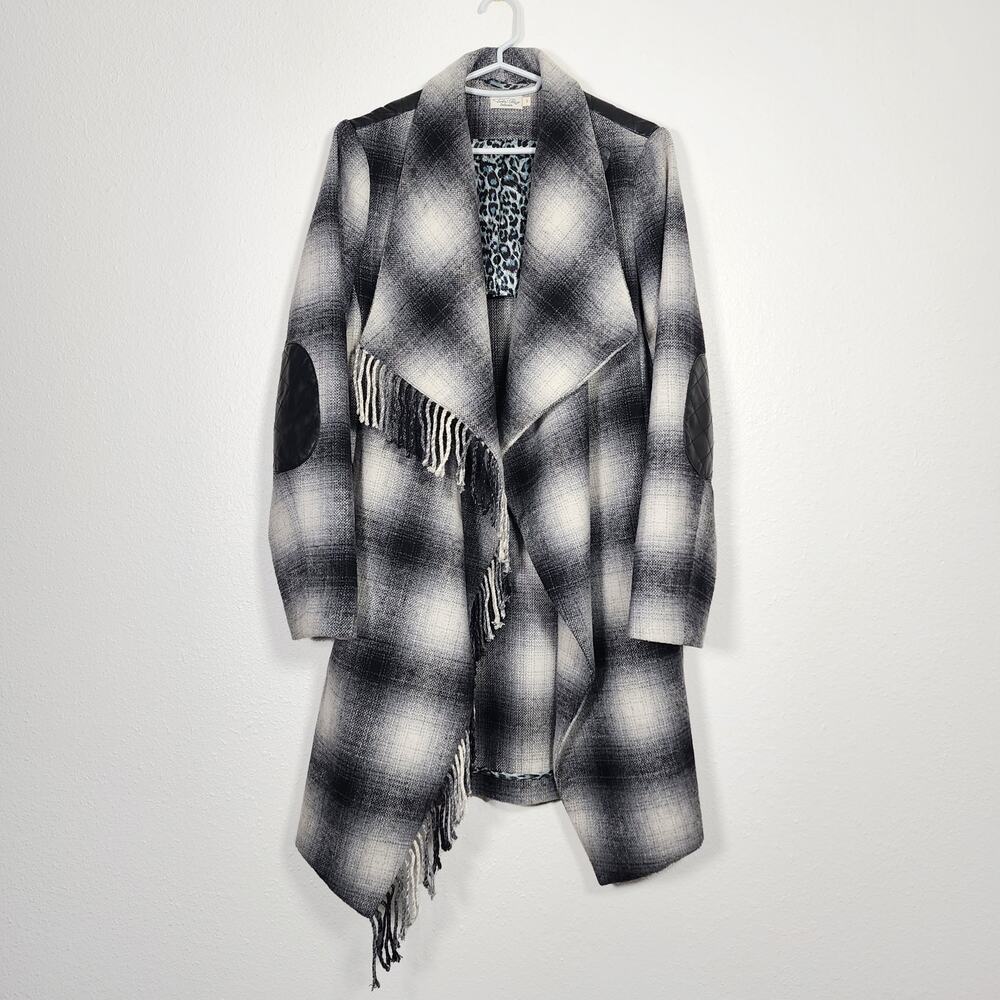 Tasha Polizzi Fringe Wrap Coat Western Ranch Plaid Wool Elbow Patches Size Small
